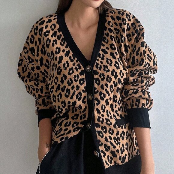 Brown Casual Women's Loose Fit Leopard Print Open Front Cardigan - Picture 5 of 6